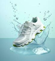 Fresh fly running shoes in water and wind in the style of natural patterns light white and light indigo ethereal illustration light blue and light green delicate still life. AI Generative photo