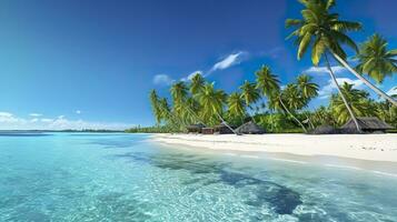 Tropical paradise beach with white sand and crystal clear blue water. Beautiful natural summer vacation holidays background. Travel tourism wide panorama background concept. AI Generative photo