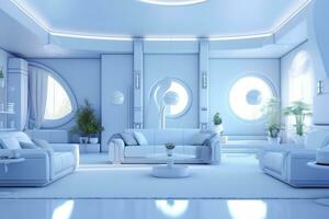 A professional and eye catching light blue with white living room in the metaverse.  AI Generative photo