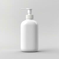 Cosmetic rounded all white soap bottle mockup on white table. AI Generative photo