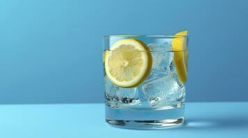 Fresco frio limonada dentro pequeño vaso con hielo en azul antecedentes agua frío jugo cóctel color. ai generativo foto