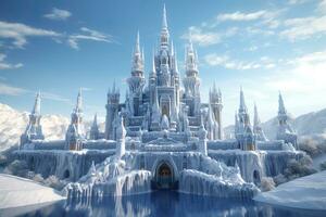 A Snowy Wonderland, A 3D Rendering of Elsa Castle in a Blue Snowy Mountain Background. AI Generative photo