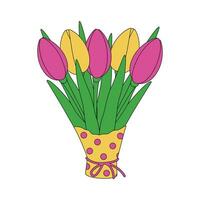 Abstract colorful bouquet of tulips in wrapping paper in trendy shade of pink and yellow. Isolate vector