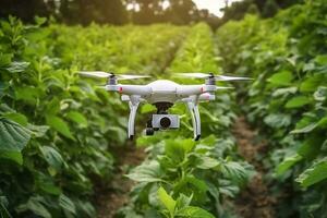 Drone monitoring crops and smart agriculture in a digital farming.  AI Generative photo