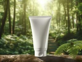 White cosmetic tube, cosmetic product mockup, nature forest background, Sunshine Ray. AI Generative photo