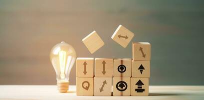 Creative idea, solution and innovation concept. Idea generation for business development. Wooden cube blocks with light bulb and cycle icons on clean background and copy space. AI Generative photo