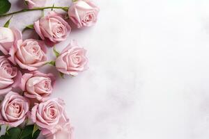 Close up of blooming pink roses flowers and petals isolated on white table background. Floral frame composition. Decorative web banner. Empty space, flat lay, top view. AI Generative photo