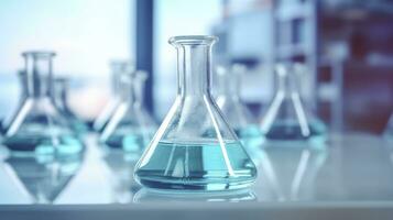 A Science Beaker in the laboratory on a table white and light blue background. laboratory equipment out of focus. AI Generative photo