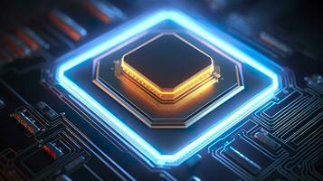 Top View of a Chip with Glowing Light and Fog in Orange and Blue. AI Generative photo