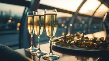 Luxury evening party on a cruising yacht with a champagne setting. Champagne glasses and bottles with champagne with bokeh yacht in the background, nobody. AI Generative photo