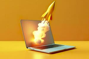 Launching a new product or service. Technology development process. Space rocket launch. 3d render. Yellow rocket lift up from the display laptop. AI Generative photo