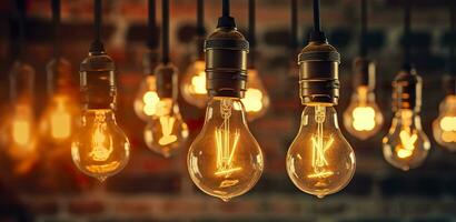 decorativo antiguo Edison estilo ligero bombillas en contra ladrillo pared antecedentes. Clásico lámpara decorativo. ai generativo foto