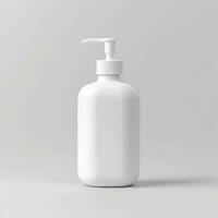 Cosmetic rounded all white soap bottle mockup on white table. AI Generative photo