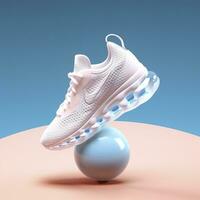 Deportes Zapatos con un pelota, limpiar y sencillo fondo, brillante ligero azul antecedentes color, ai generativo foto
