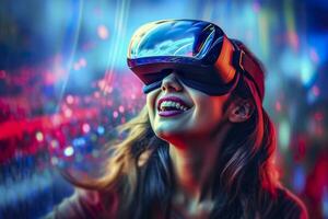 retrato de un sonriente mujer en casual ropa vistiendo virtual realidad anteojos, y jugando, neo luz, borroso neo color fondo, ai generativo foto
