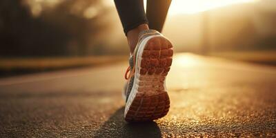 Close up on the shoe, Runner athlete feet running on the road under sunlight in the morning. AI Generative photo