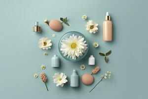 Fresh floral skincare concept. Top view flat lay of pump bottle, pipette, cream bottles, and tubes with flowers on pastel blue background with an empty circle for text or branding. AI Generative photo