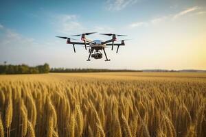 Drone monitoring crops and smart agriculture in a digital farming.  AI Generative photo