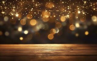 Christmas bokeh background, wooden background with bokeh, glitter stars, rustic wood, and Backdrop for product presentation. AI Generative photo