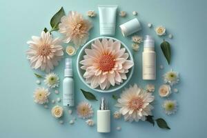 Fresh floral skincare concept. Top view flat lay of pump bottle, pipette, cream bottles, and tubes with flowers on pastel blue background with an empty circle for text or branding. AI Generative photo