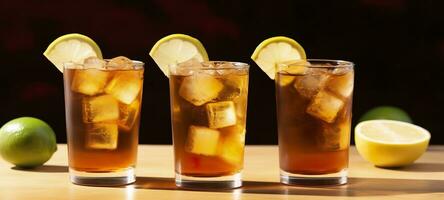 Glasses of tasty Long Island iced tea on light background. AI Generative photo