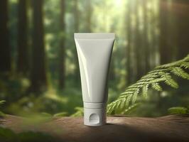 blanco cosmético tubo, cosmético producto Bosquejo, naturaleza bosque fondo, Brillo Solar rayo. ai generativo foto