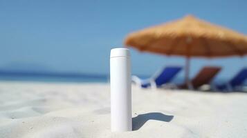 Blank empty white plastic tube. Sunscreen lotion on a sandy beach, summer composition with sunglasses, blue sea as background, copy space. Summer vacation and skin care concept, AI Generative photo