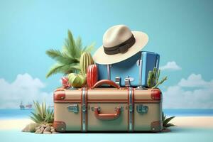 Creative Summer Beach Composition in Suitcase on Blue Background, A Travel Concept Idea in 3D Rendering. AI Generative photo