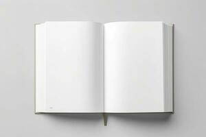 Blank opened book mockup, top view, isolated on white background. Generative AI photo