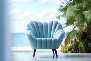 Photo of a modern light blue color armchair alone in the tropical background, AI Generative