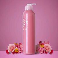 Amazonas producto imagen cuerpo lavar, cilindro botella sólido color rosado fondo, con rosas, ai generativo foto