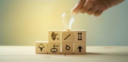 Creative idea, solution and innovation concept. Idea generation for business development. Wooden cube blocks with light bulb and cycle icons on clean background and copy space. AI Generative photo