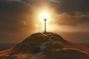 The cross of God in the rays of the sun. Cross on the hill. Religious concept. AI Generative photo