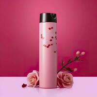 Amazon Product Picture Body Wash, Cylinder Bottle Solid Color pink background, with roses, AI Generative photo