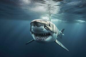 el Rey de el océano, el genial blanco masculino tiburón cazador submarino vista, guadalupe isla, México. ai generativo foto