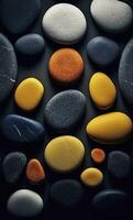 Some colorful stones are displayed, dark navy and yellow, AI Generative photo