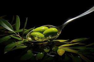 Olive oil on green olives with leaves. Created with Generative AI photo