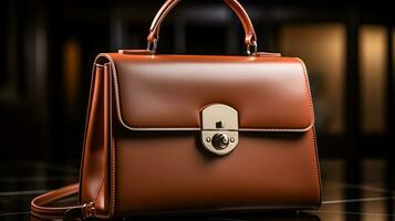 Luxury Leather Handbag and minimalistic backdrop. Created with Generative AI photo