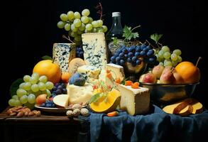 Various types of cheese on rustic wooden table. Created with Generative AI photo