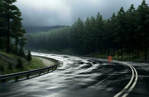 paisaje con vacío la carretera mediante bosque. viajar. creado con generativo ai foto