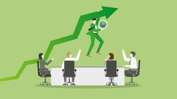 A businessman hangs a rise green arrow with the world at a teamwork meeting. vector