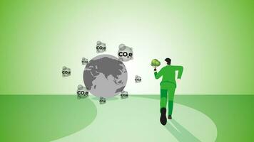 The back view of a businessman runs with a tree to the destroyed gray earth by carbon emission. vector