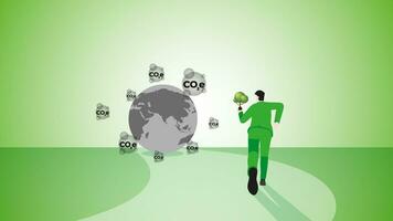 The back view of a businessman runs with a tree to the destroyed gray earth by carbon emission. vector