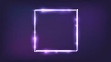Neon double square frame with shining effects on dark background. Empty glowing techno backdrop. Vector illustration.