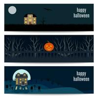 Horizontal banners set with lonely house on the background of the moon and the inscription Happy Halloween. Vector illustration