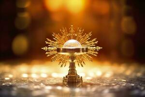 The golden monstrance with a little transparent crystal center, consecrated host. church defocused background. AI Generative photo