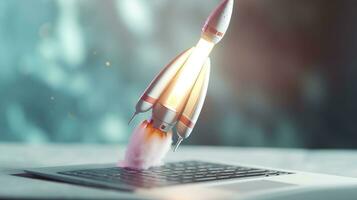 A small rocket takes off from a Laptop with vibrant color combinations in light sky blue and light gray colors for a website, business, and financial success concepts.  AI Generative photo