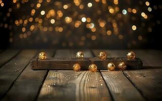 Christmas bokeh background, wooden background with bokeh, glitter stars, rustic wood, and Backdrop for product presentation. AI Generative photo