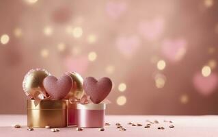 Happy Valentines Day banner. Pink and gold hearts foil balloons with gifts on pink bokeh. Valentine's Day background. Romantic banner Background, empty space for text,  AI Generative photo