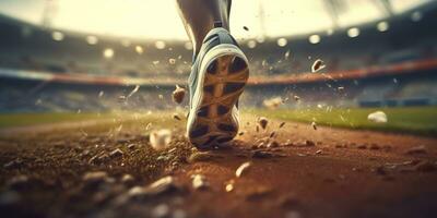 Runner feet running on a stadium, closeup on feet, sports background, space for copy, AI Generative photo